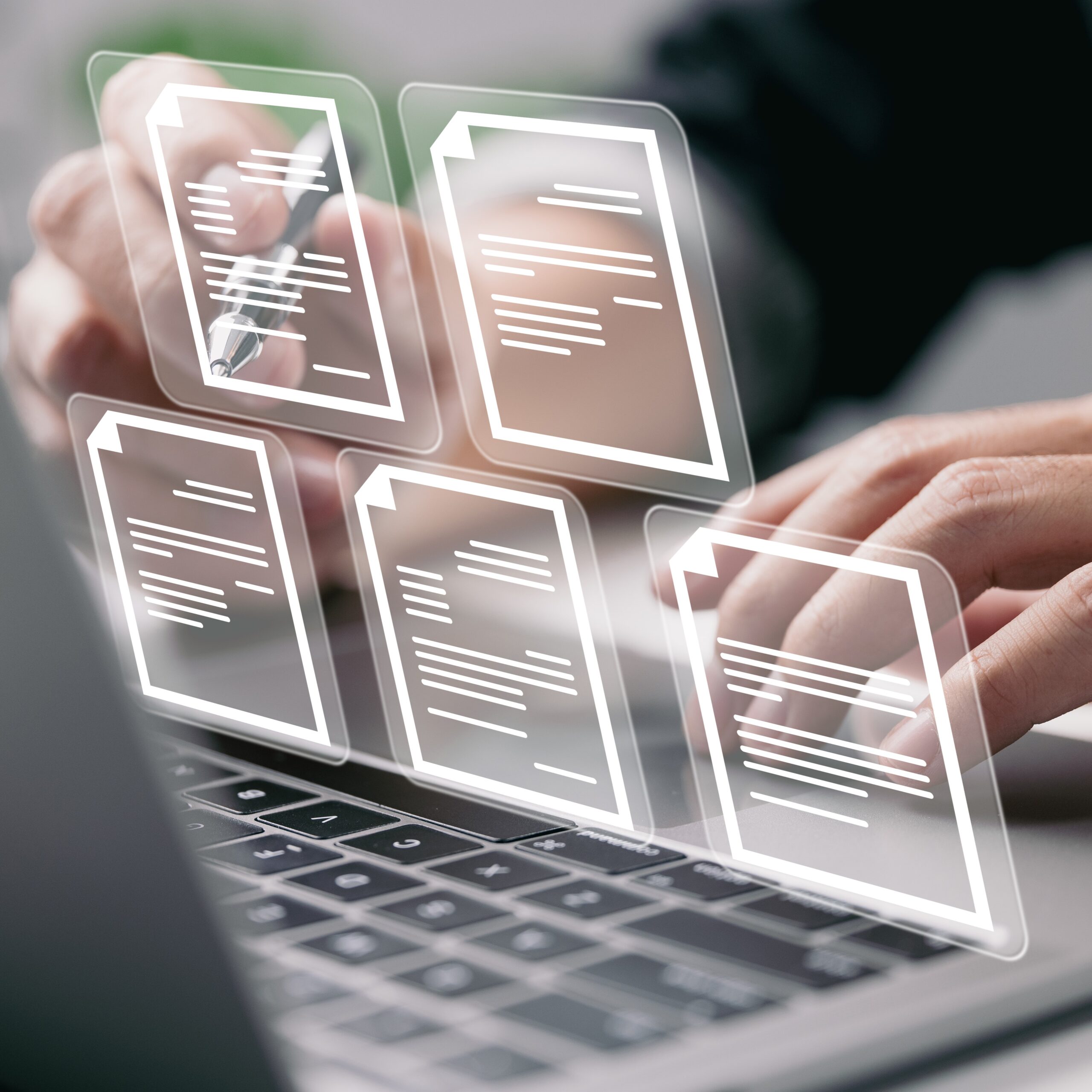 Businessman working on laptop computer with electronics document icons, E-document management, online documentation database, paperless office concept