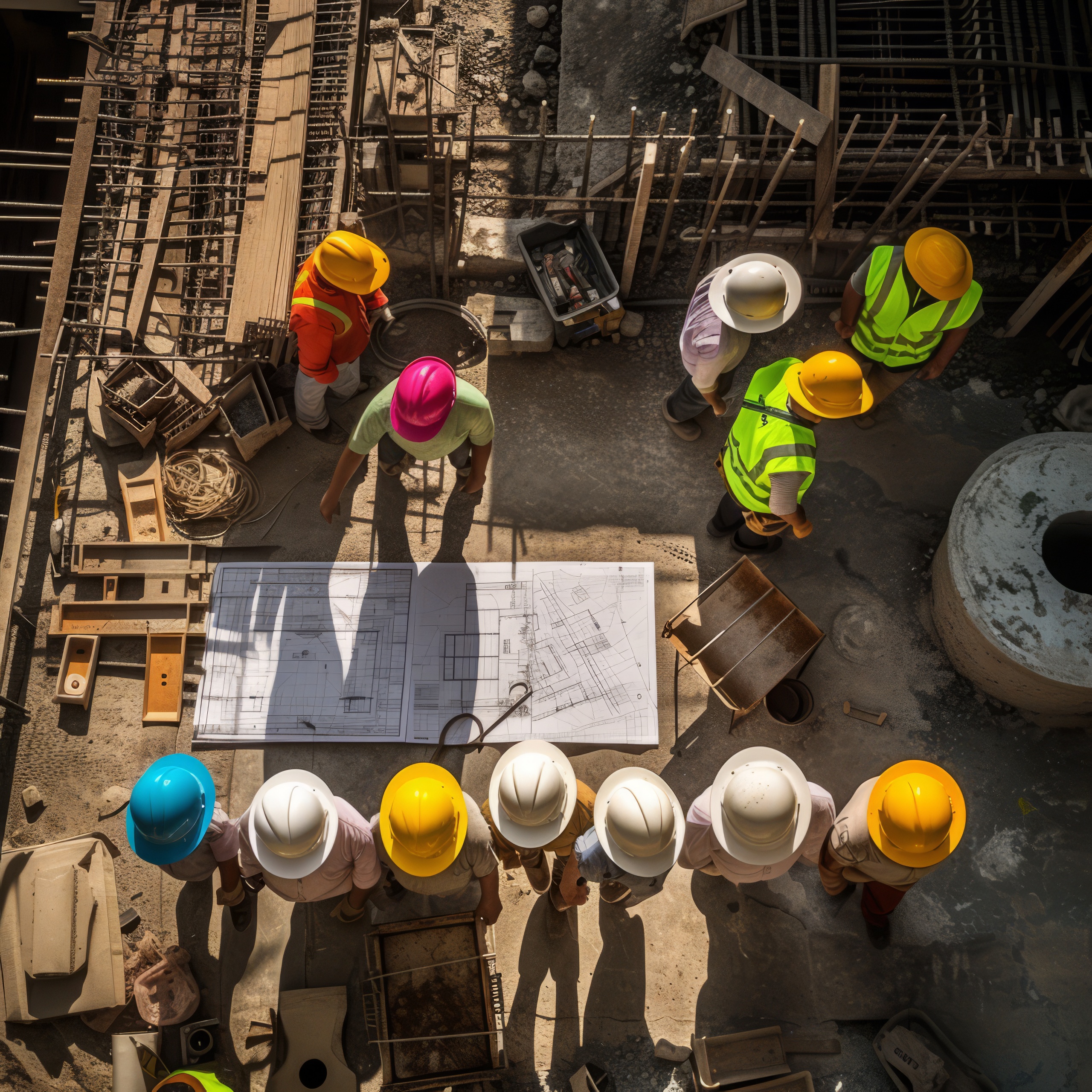 Construction workers wearing hard hats looking at blueprints