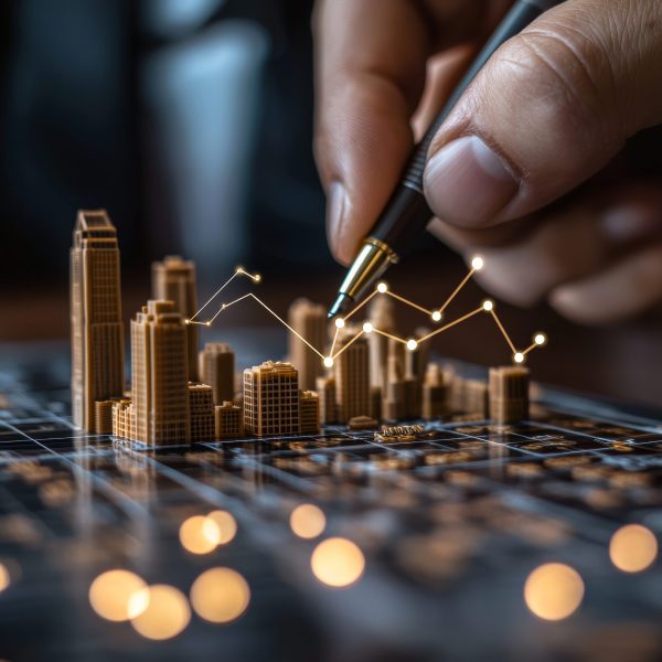 A conceptual image of a hand using a pen to draw a fluctuating line graph over a small model of a city, symbolizing market analysis and business planning, in a balanced square format