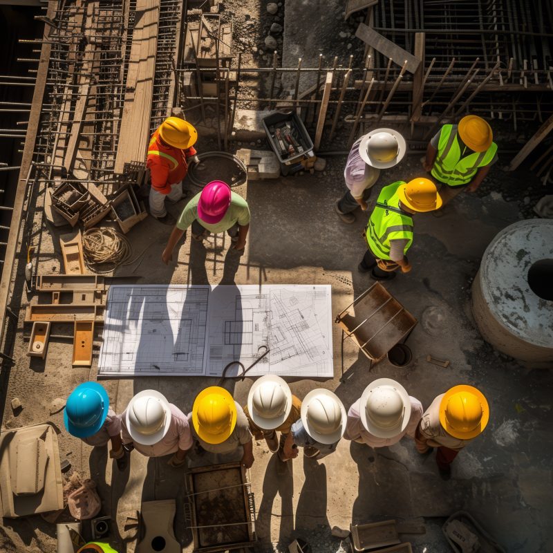 Construction workers wearing hard hats looking at blueprints