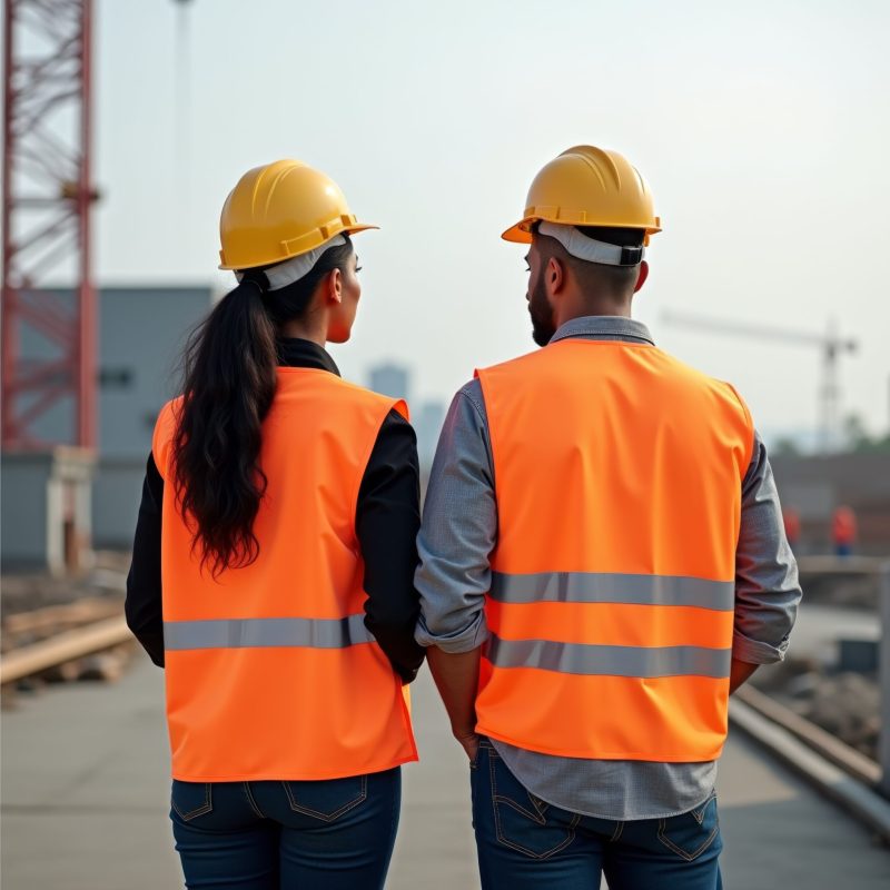photo of construction worker with hard hat and vest standing at site , generative AI